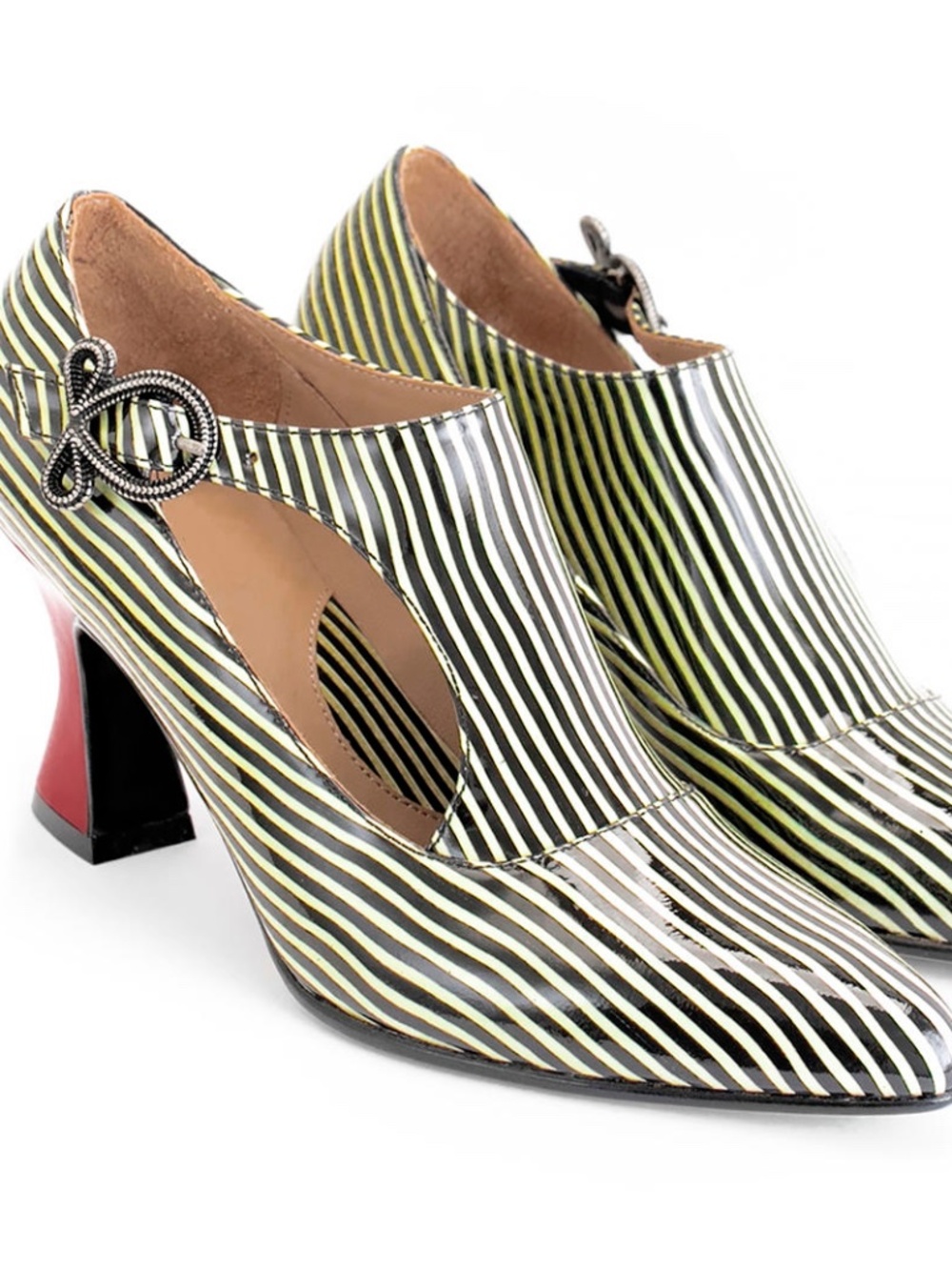 John Fluevog Poser Darla Striped Patent Leather Bow Buckle Cutout Pumps